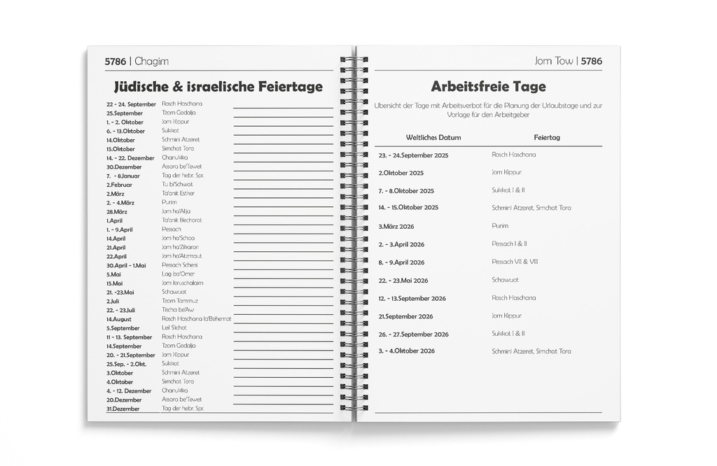 Jüdischer Taschenkalender | 5786 (2025-2026) | Minimalistisch
