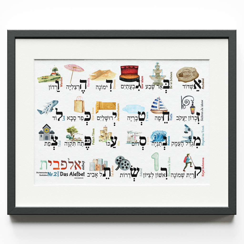 Alefbet für Kinder | Teil 2 - Städte in Israel | Hebräisch, Übersetzung, Transliteration | A3-Poster